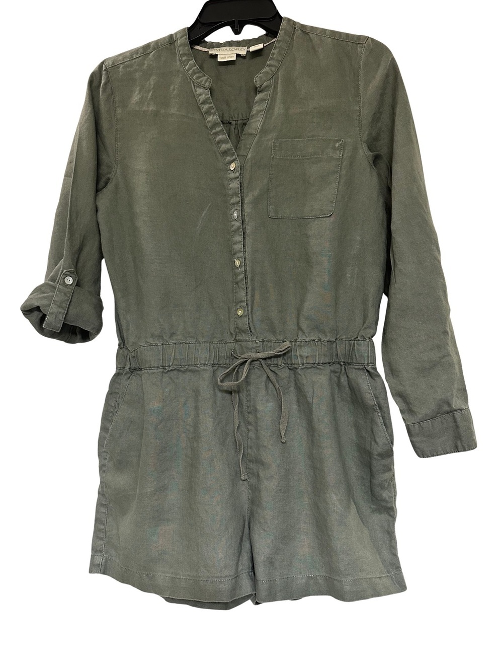 Cynthia Rowley Olive Green Linen Romper Small Button Front Roll Tab Sleeve